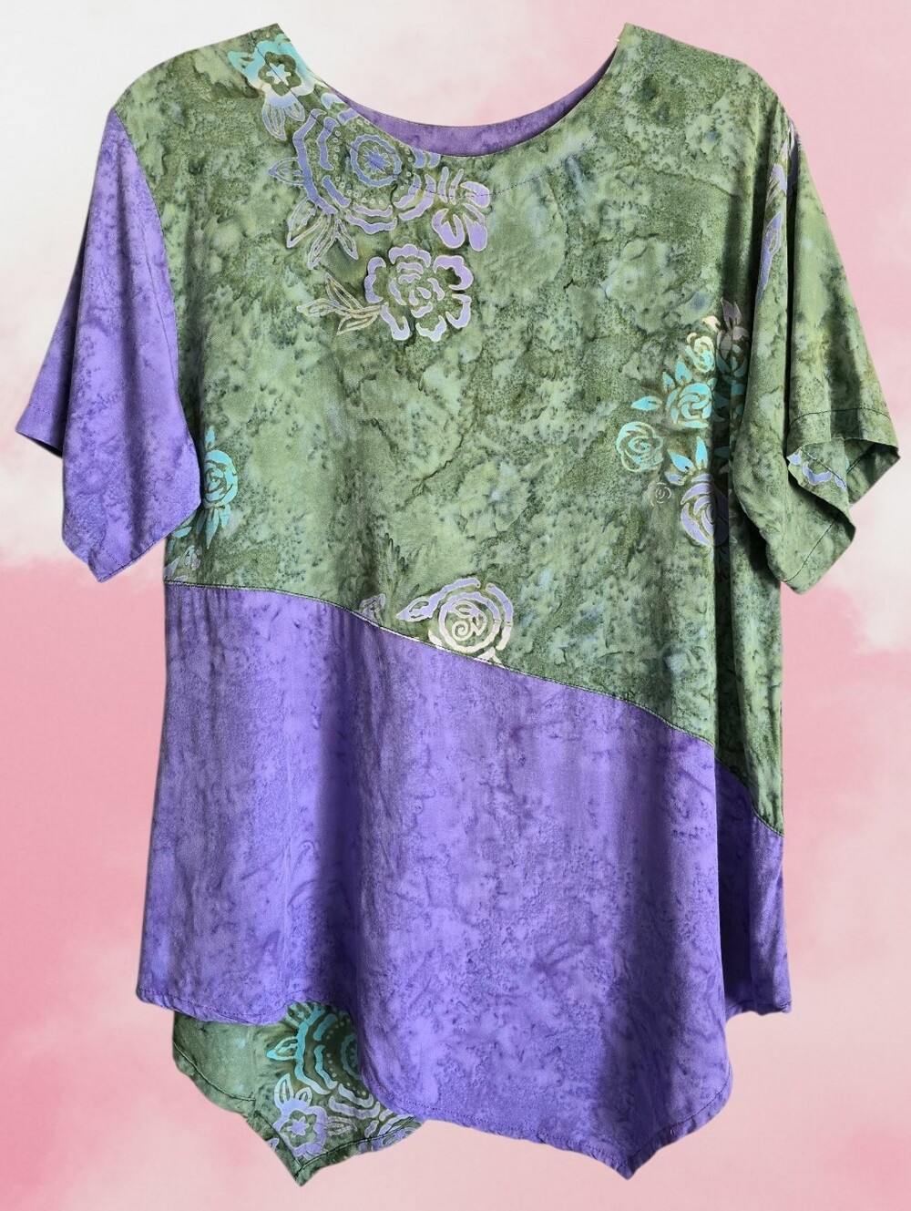 🌷90's Asymmetrical Rose Floral Tie-Dye Purple And Green Long Oversized Top🌷